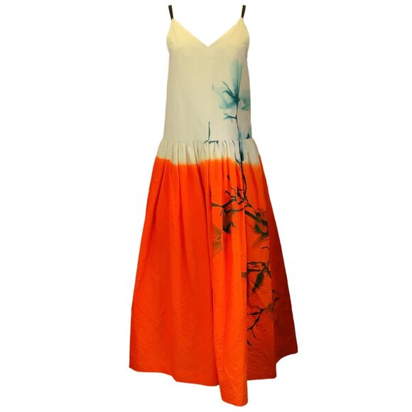 DRIES VAN NOTEN IVORY / ORANGE MULTI PRINTED SLEEVELESS V-NECK COTTON AND LINEN - Picture 1 of 4